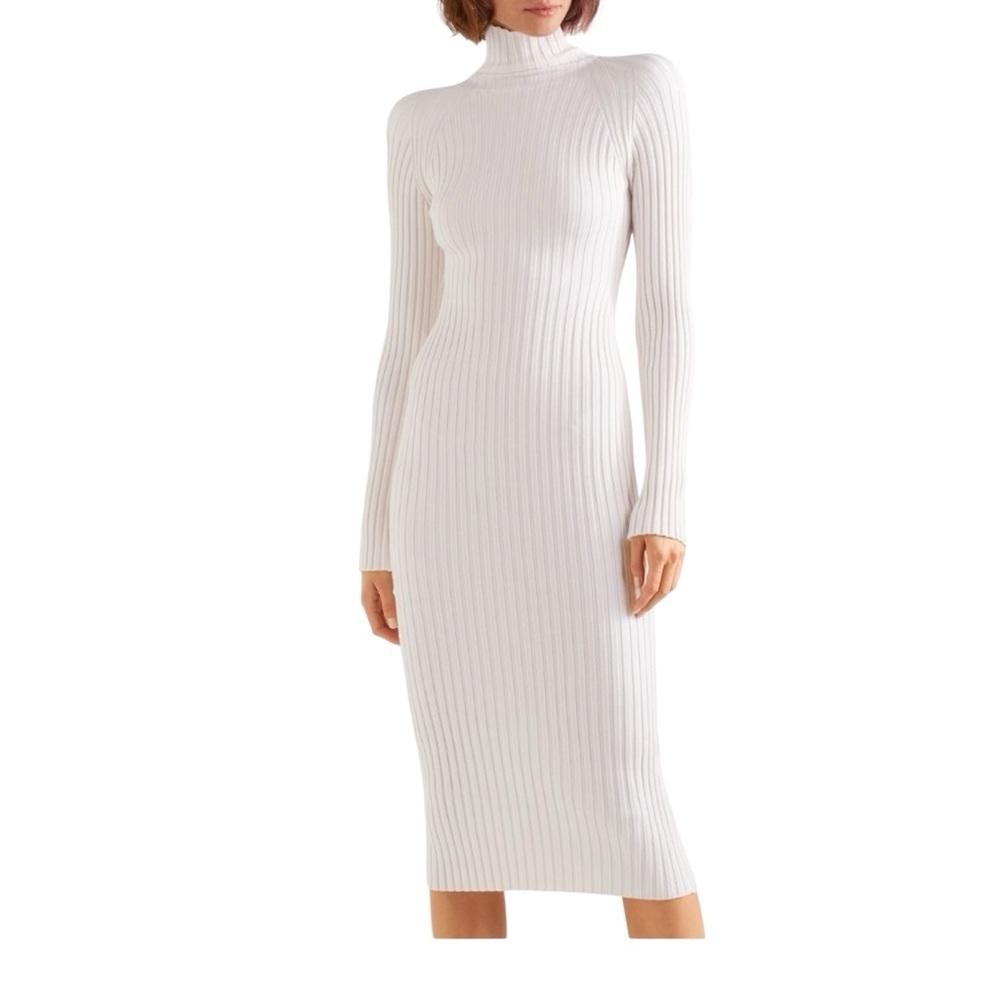 Haider Ackermann Elegant White/Cream Ribbed Knit midi Dress S